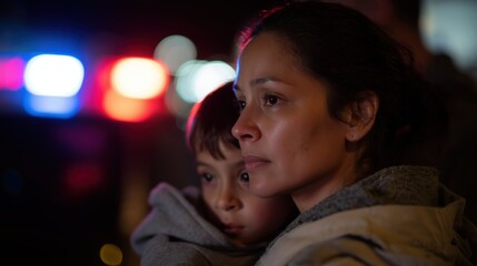 Hispanic mother holds child beside ICE van during deportation raid. Looking at her husband getting deported. 
