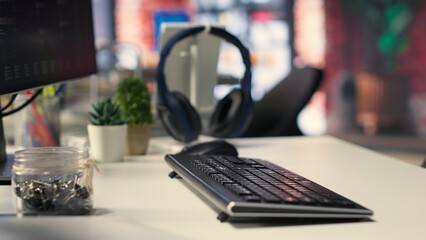 Empty desktop with futuristic software tools shows live AI brain processing on screen. Technology supports deep neural networks, pattern recognition and real time data science applications.