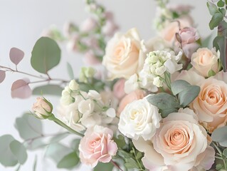 Fototapeta premium Photo of a beautiful flower arrangement with pastel roses and greenery, creating an elegant and serene atmosphere