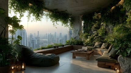 Obraz premium Modern Urban Oasis IndoorOutdoor Living Space with City View and Lush Greenery