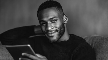 Portrait of a bearded man smiling while browsing smartphone, relaxed pose.