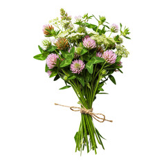 Obraz premium Fresh wildflower bouquet tied with twine on a white background 