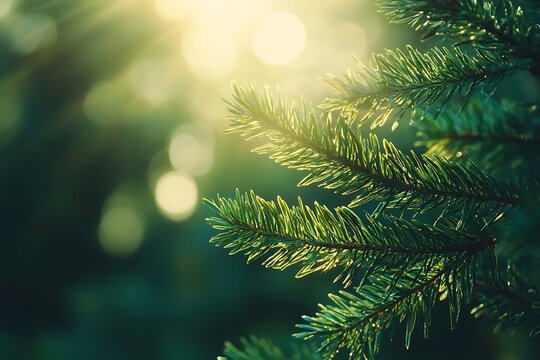 Close-up of pine needles bathed in sunlight.