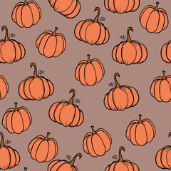 Seamless pattern with pumpkins on color background. Vector hand drawn sketched pumpkin. Autumn illustration for holidays, Halloween. Various food items in doodle style.