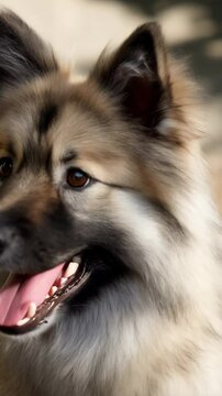 Close-up portrait of a beautiful, happy wolfspitz dog panting outdoors in natural light with fluffy fur and a neutral background on a sunny day.