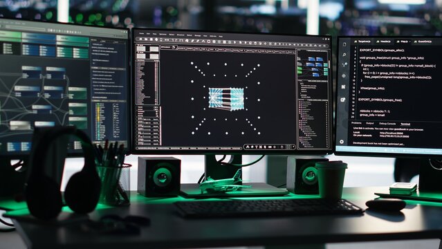 PCs in data center managing network resources using node tree software visualizing connections. Visual programming tools enabling efficient data processing and storage, handheld camera shot