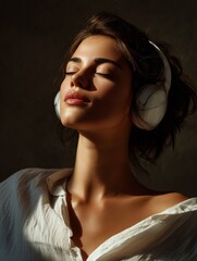 A woman listening to music with headphones, enjoying a moment of tranquility and relaxation in the sunlight.