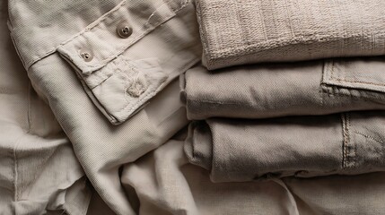 A stack of neutral-toned clothing items.