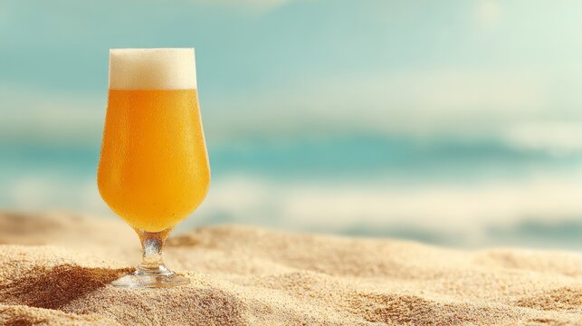 Cold beer glass on beach sand
