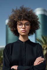 Sporty eyeglasses, bold hairstyle, confident pose against modern architecture backdrop.