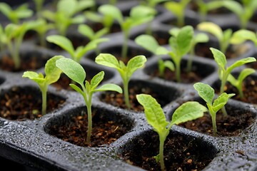 Young seedlings growing in a seed tray.