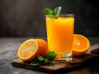 Photo of a refreshing glass of orange juice with fresh oranges and mint, perfect for health promotion