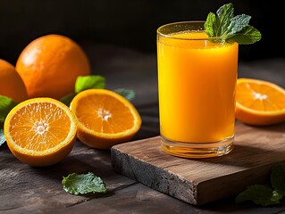 Photo of a refreshing glass of orange juice with fresh oranges and mint, perfect for health promotion