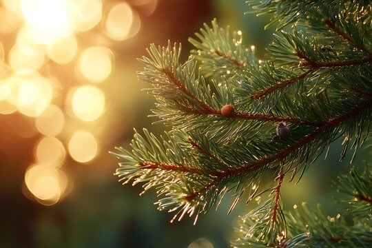 Close-up of a pine branch with glittering light. - Powered by Adobe