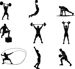 Silhouette Icons of Fitness and Exercise Activities: Weightlifting, Gym Workouts, and Sports Training