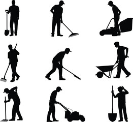 Silhouette Icons of Outdoor Work and Lawn Care Activities: Gardening, Mowing, Raking, and Tool Use