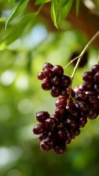 Close-up of glistening dark purple java plums hanging from a branch, surrounded by green leaves in soft focus, creating a natural botanical scene.
