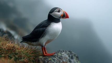 Naklejka premium A puffin stands alone on a rocky coast, gazing into the distance.