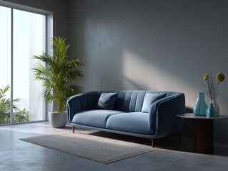 Clean and modern living room featuring blue velvet sofa, potted plant, and stylish decorative elements in natural lighting.