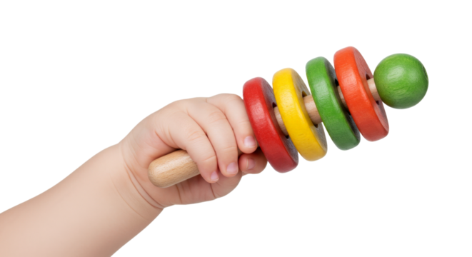 Baby hand holding wooden toy isolated on white background