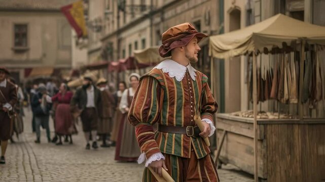 Man in period costume on a cobblestone street, smiling during a historical reenactment or festival, footage.