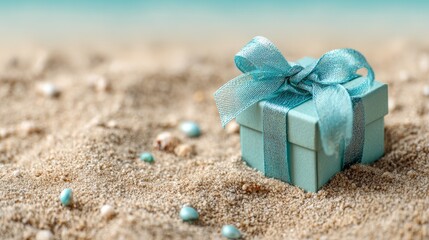 Green ribbon gift box on beach sand