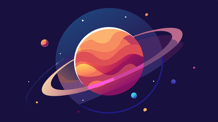 Colorful abstract illustration of a planet with rings and other celestial bodies