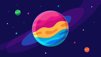 Colorful cartoon planet with rings and other planets in a dark space scene