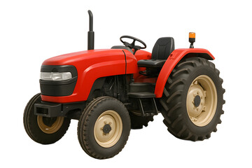 Obraz premium A red tractor with beige-rimmed wheels, open cab, and a black exhaust pipe viewed from a diagonal front angle
