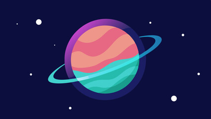 Colorful planet orbiting in a glowing galaxy with rings and celestial bodies