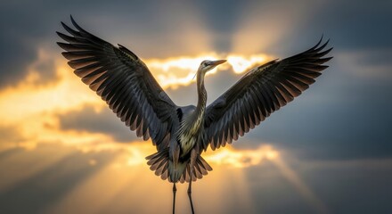 Fototapeta premium Majestic Heron in Golden Hour Sunlight Wings Spread Wide