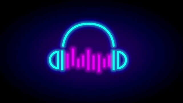 Blue glowing headphones paired with animated equalizer bars create a music-themed neon design set against a dark background for visual rhythm