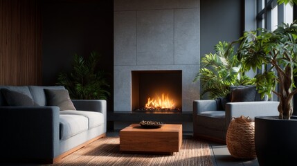 A modern and cozy living room with a fireplace, contemporary furniture, and an array of indoor plants. The space is well-lit and features sleek design elements.