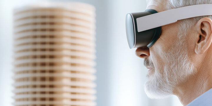 An older man wears virtual reality goggles, gazing intently at a patterned object nearby. Concept: Technology exploration and virtual interaction
