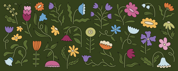 Set of hand-drawn floral line art. Cute colorful doodle flower and leaf elements. Perfect for patterns, stickers, and digital design.