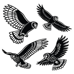Four Flying Owls in Black and White Vector Illustration Design