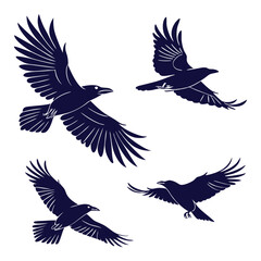 Four Dark Blue Raven Silhouettes in Flight on a White Background