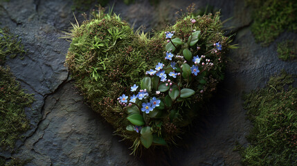 Top view of a heart-shaped moss bed with small blooming flowers growing from it, placed on a textured stone surface