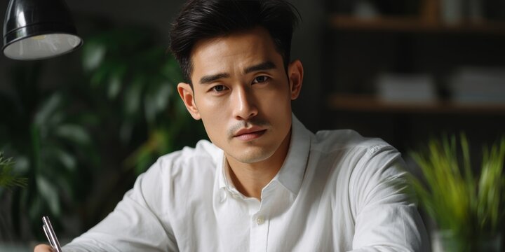 Asian businessman in professional attire seated at desk, engrossed in work on computer with thoughtful expression.