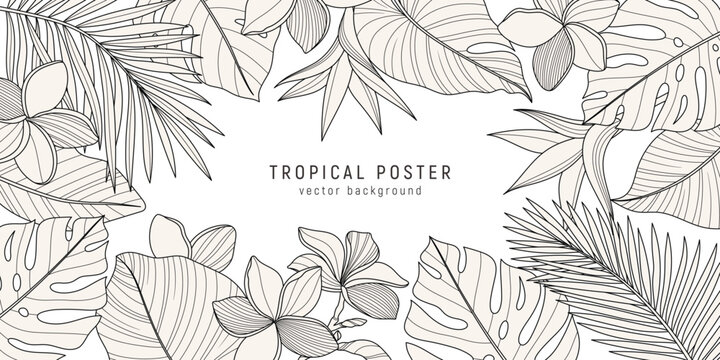 Vector summer frame with tropical plants, palm fronds, and flowers. Botanical background for wedding invites, event flyers, and print design.