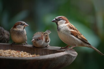 Fototapeta premium A group of small birds gathered around a bird feeder, eating together.