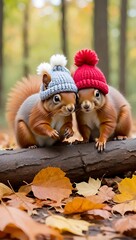 Fototapeta premium Adorable Autumn Squirrels in Knit Hats A Perfect Fall Scene