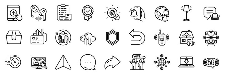 Cloud sync, Ferris wheel and Card line icons pack. Share, Message, Paper plane icons. Stand lamp, Seo analytics, Alarm clock web icon. Teamwork, Tested stamp, Timer pictogram. Vector