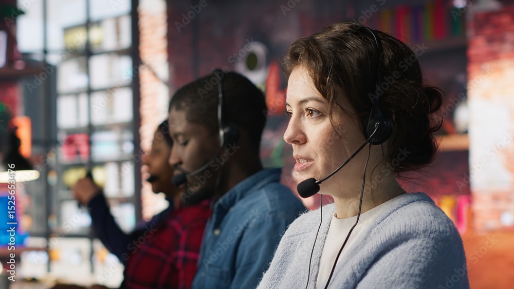 Poster call center agent handling inbound calls, assisting customers with inquiries, updating account recor