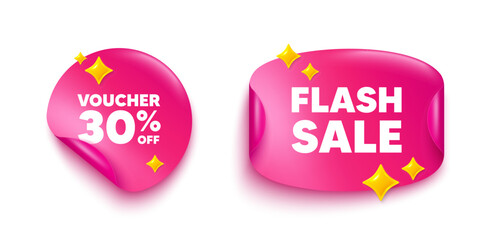Coupon sticker tag. Flash offer paper price banner. Voucher 30 percent off sale. Special offer coupon sign. Black friday discount symbol. Discount sticker with 3d glitter. Vector