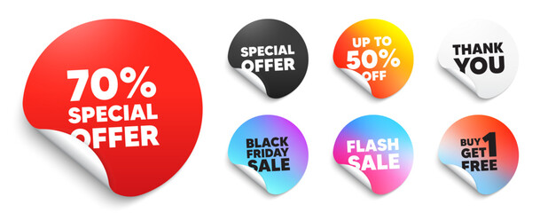 Discount red sticker tag. Special offer paper price tags. 70 percent discount offer tag. Sale price promo sign. Special offer symbol. Discount, black friday sticker. Promo banner. Vector