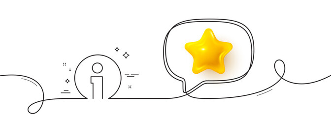 Info line icon. Continuous line with 3d star. Information center sign. Support speech bubble symbol. 3d star in speech bubble. Info single line ribbon. Loop curve pattern. Vector