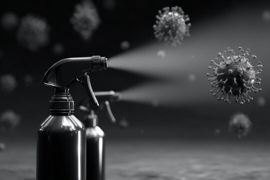 Aerosol disinfectant spray in action against viruses and bacteria.