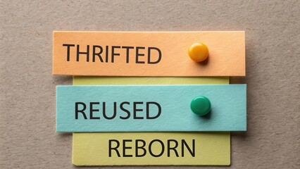 Circular Fashion: Upcycling for Zero Waste Concept, Close-up image of layered thrifted labels showcasing a reused and sustainable theme.