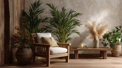 Fototapeta premium A cozy, inviting space with natural wood and stone elements.